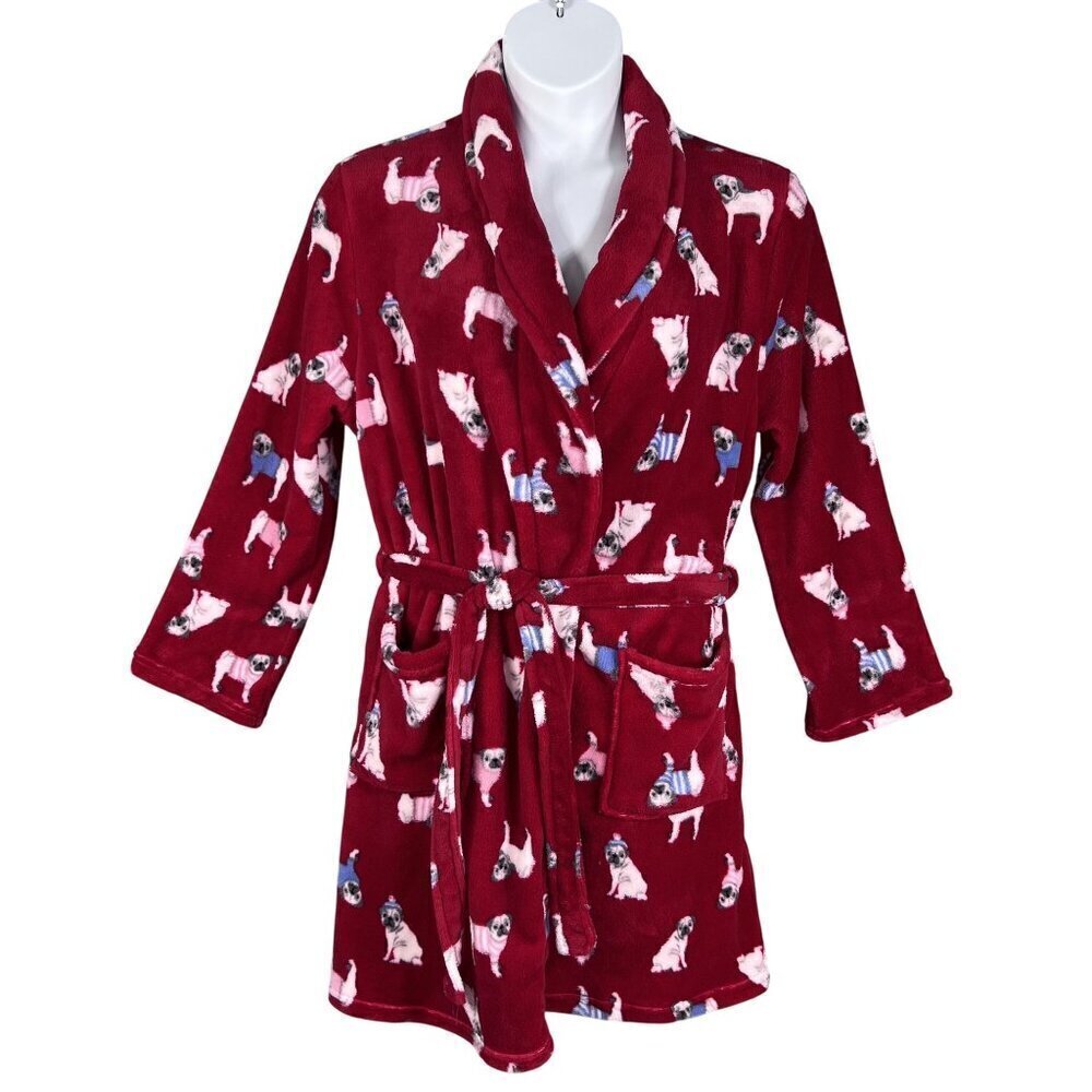 Dearfoams NWT L/XL Fleece Kimono Robe Pug Dog Print Snuggly Buddy Cozy Lounge
